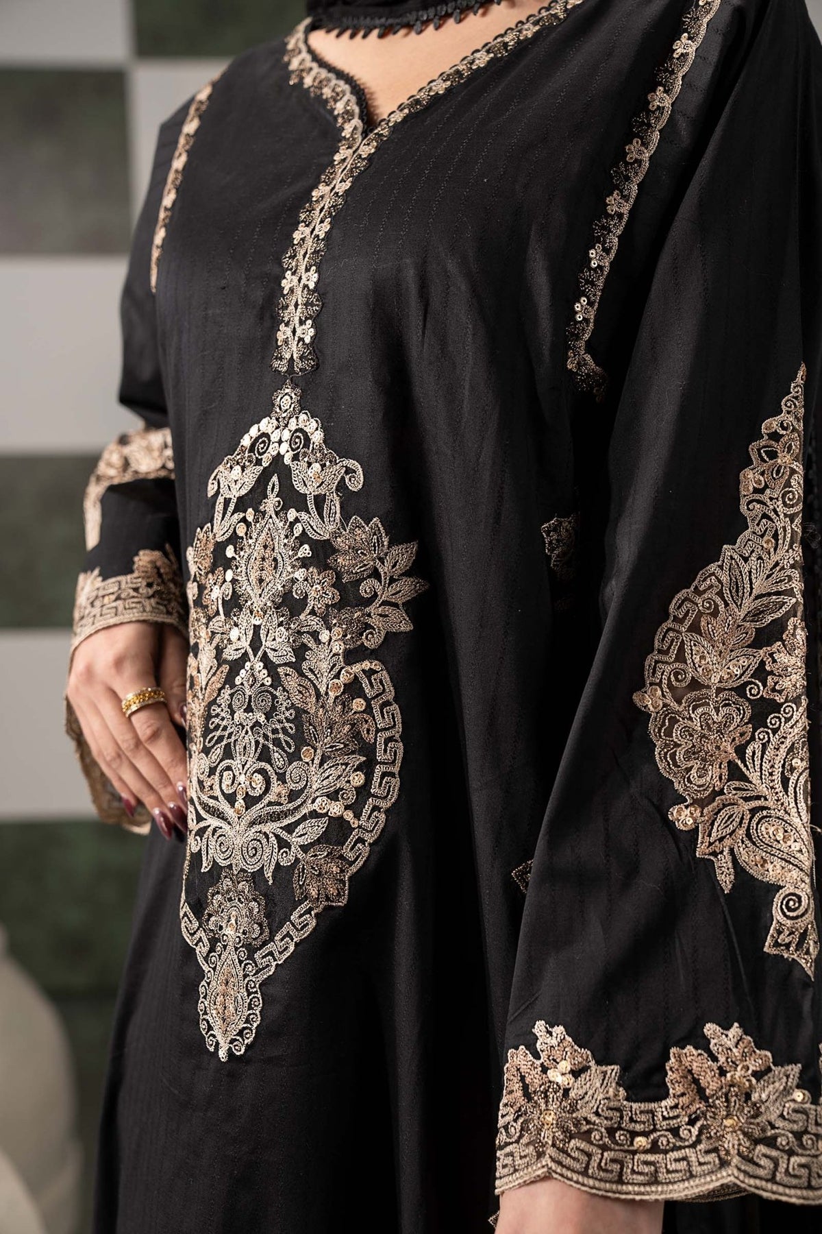 Maria B | RTW | 3 Piece Embroidered Dobby Lawn Suit-Brand:Maria B-Type:Luxury Pret-Black - House of Maryam- Buy in UK, USA