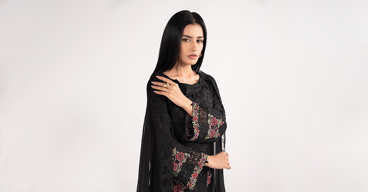 Maria B | RTW | 3 Piece Embroidered Dobby Lawn Suit-Brand:Maria B-Type:Luxury Pret-Black - House of Maryam- Buy in UK, USA