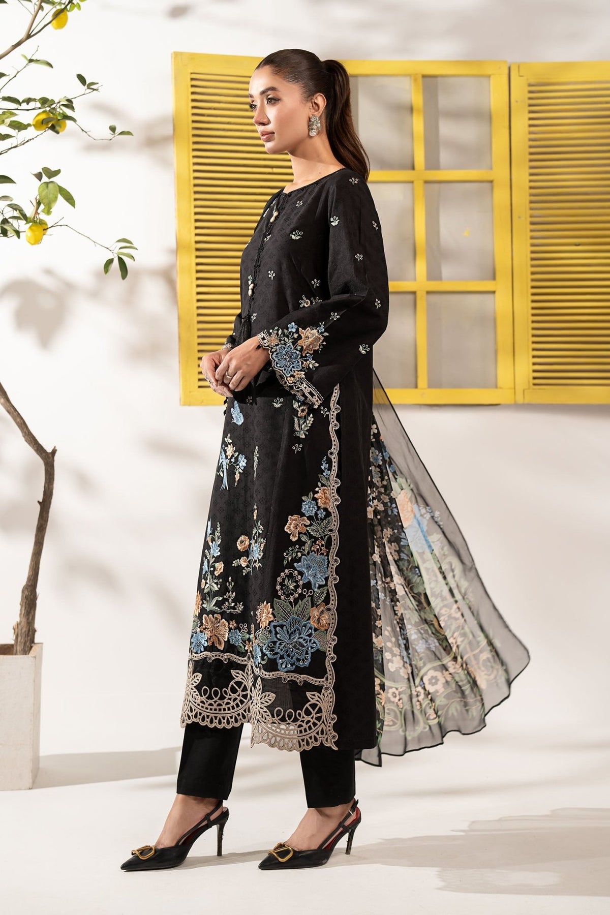 Maria B | RTW | 3 Piece Embroidered Dobby Lawn Suit-Brand:Maria B-Type:Luxury Pret-Black - House of Maryam- Buy in UK, USA