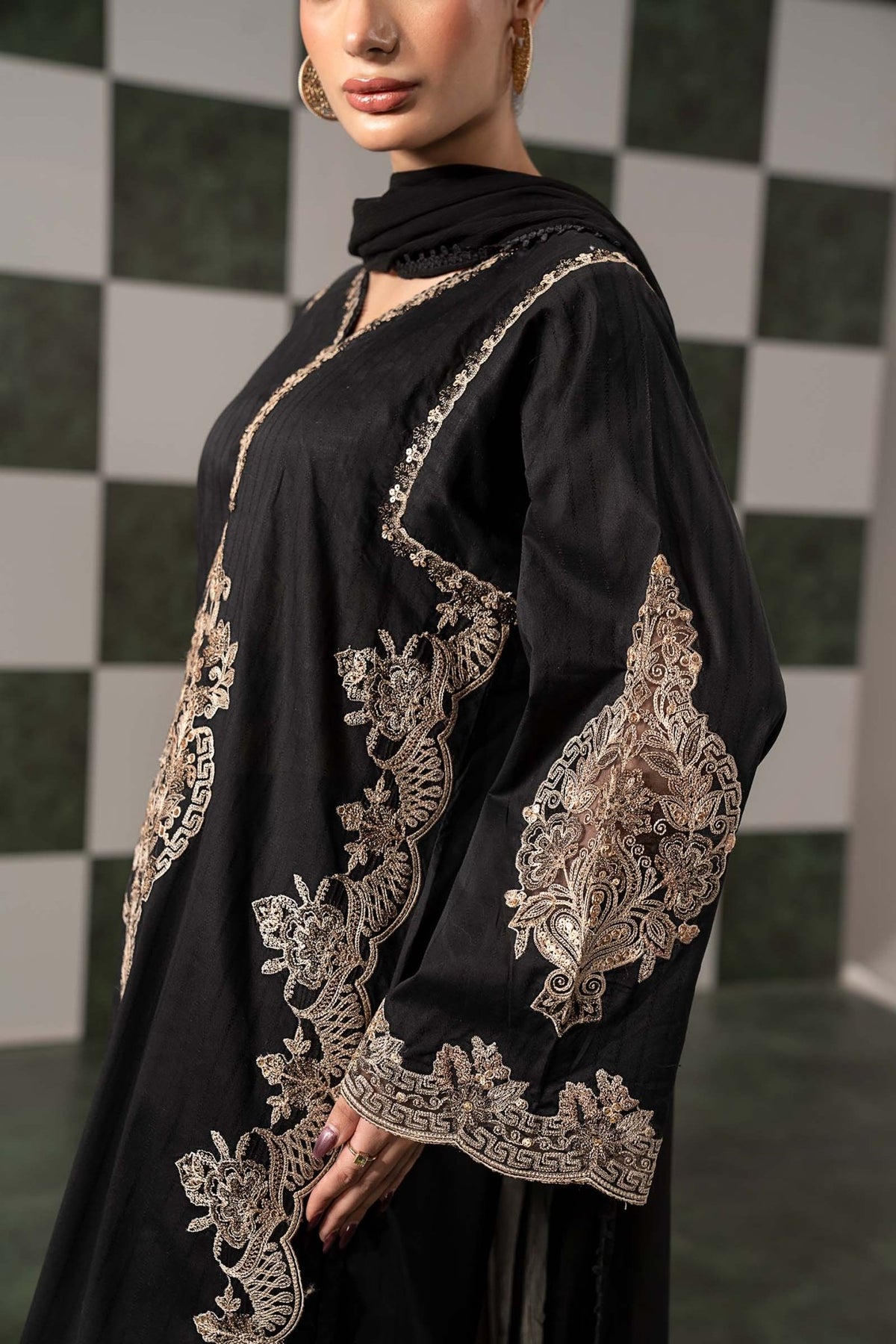 Maria B | RTW | 3 Piece Embroidered Dobby Lawn Suit-Brand:Maria B-Type:Luxury Pret-Black - House of Maryam- Buy in UK, USA