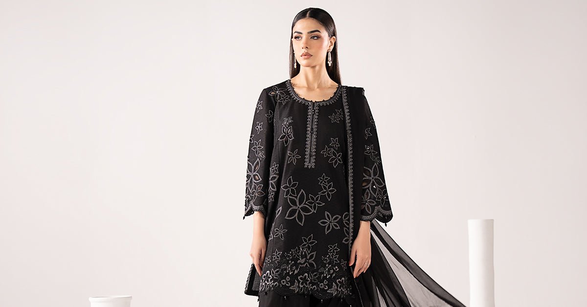 Maria B | RTW | 3 Piece Embroidered Dobby Lawn Suit-Brand:Maria B-Type:Luxury Pret-Black - House of Maryam- Buy in UK, USA