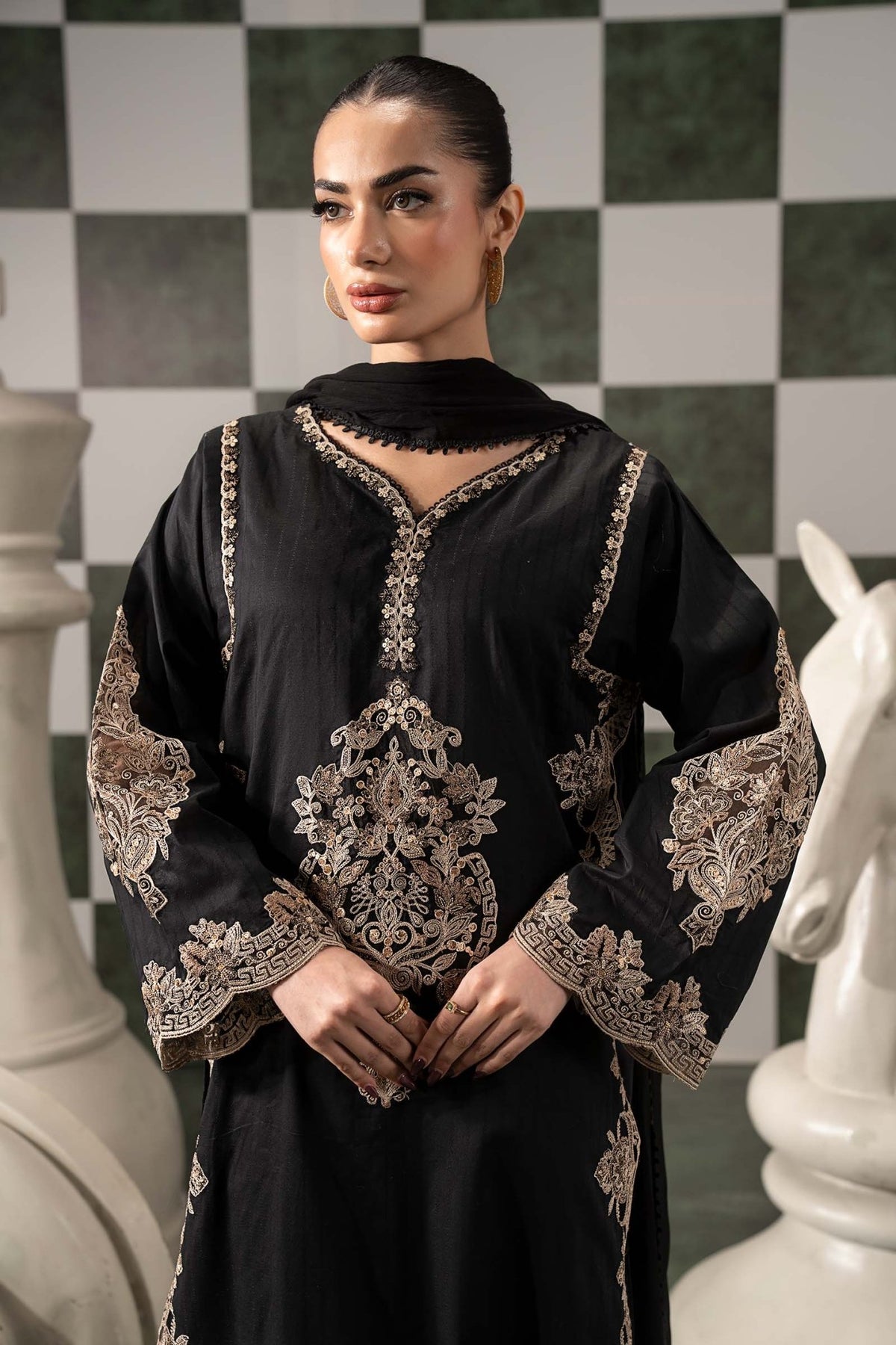 Maria B | RTW | 3 Piece Embroidered Dobby Lawn Suit-Brand:Maria B-Type:Luxury Pret-Black - House of Maryam- Buy in UK, USA