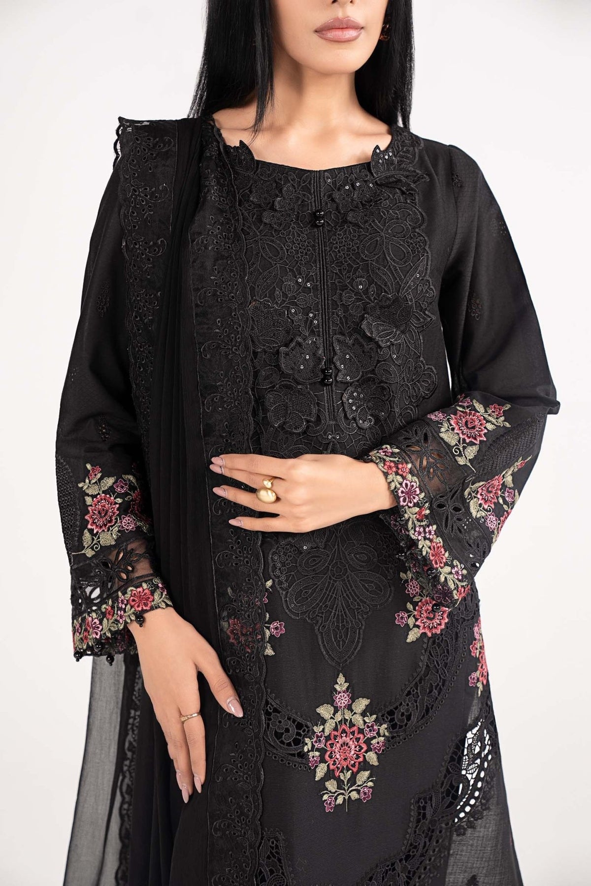 Maria B | RTW | 3 Piece Embroidered Dobby Lawn Suit-Brand:Maria B-Type:Luxury Pret-Black - House of Maryam- Buy in UK, USA