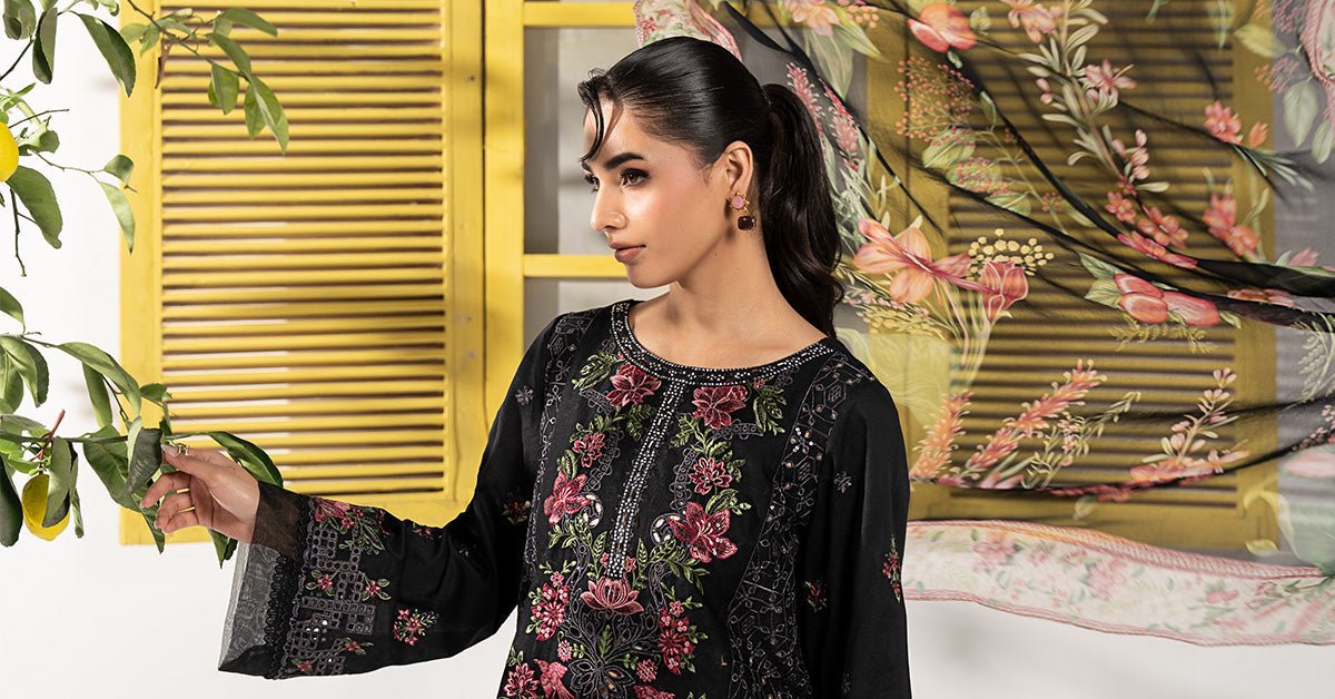 Maria B | RTW | 3 Piece Embroidered Dobby Lawn Suit-Brand:Maria B-Type:Luxury Pret-Black - House of Maryam- Buy in UK, USA