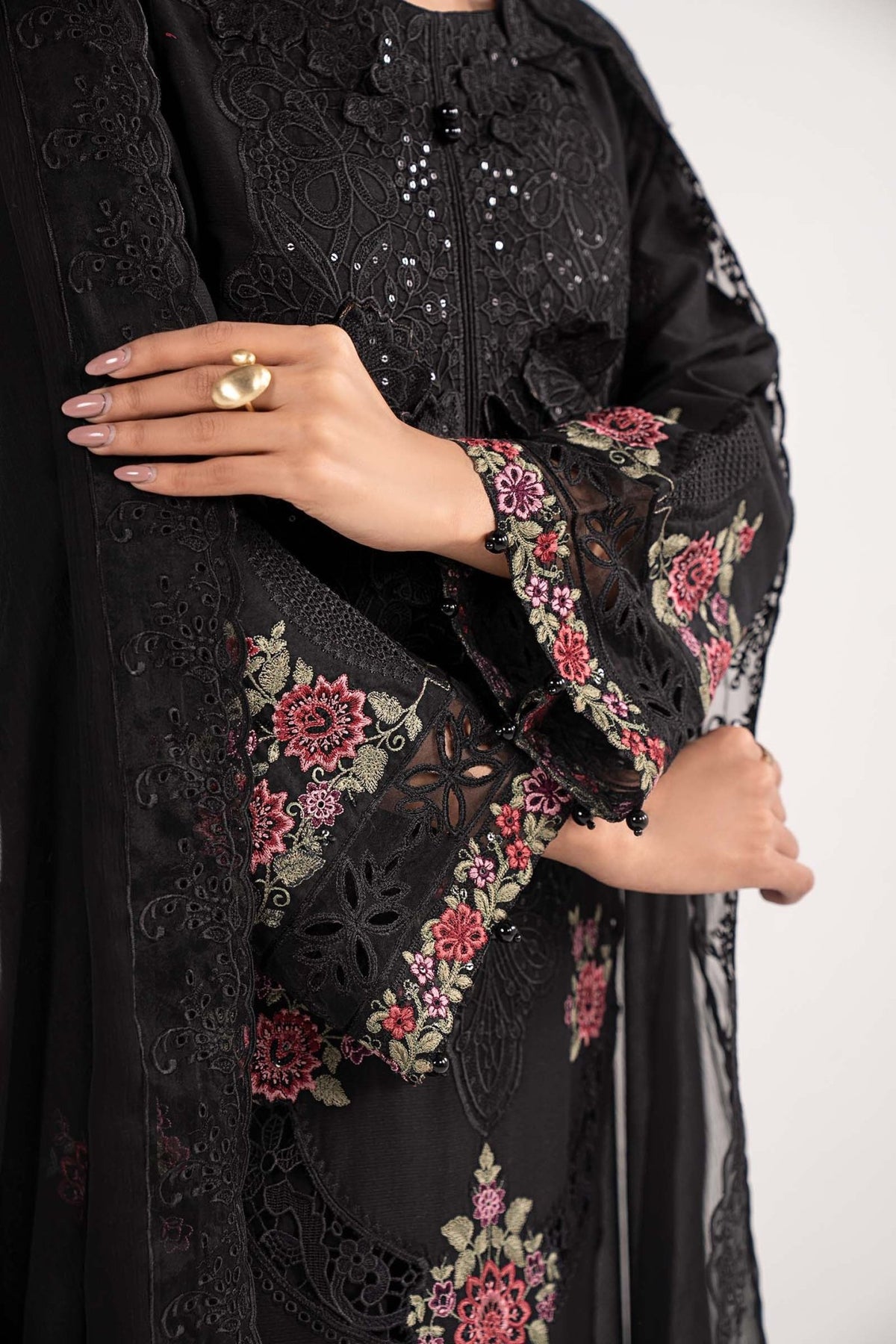 Maria B | RTW | 3 Piece Embroidered Dobby Lawn Suit-Brand:Maria B-Type:Luxury Pret-Black - House of Maryam- Buy in UK, USA