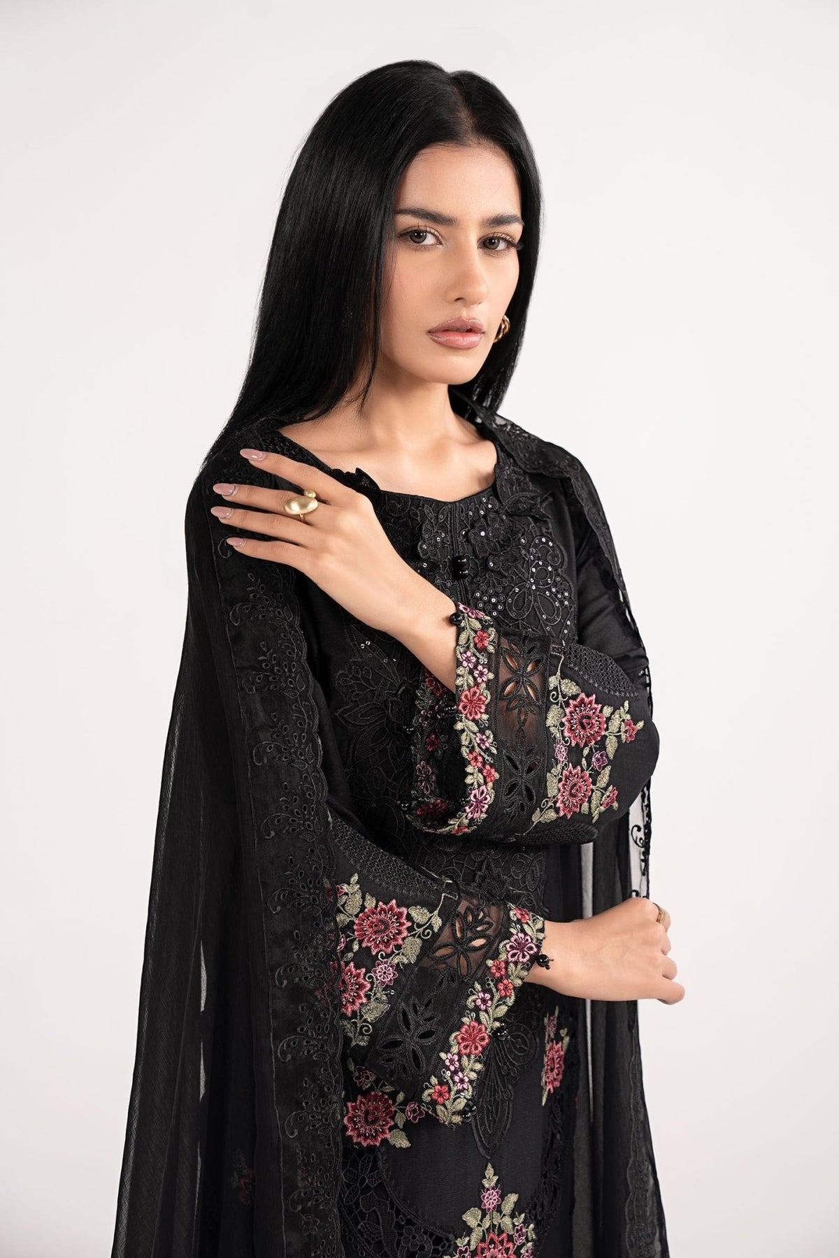 Maria B | RTW | 3 Piece Embroidered Dobby Lawn Suit-Brand:Maria B-Type:Luxury Pret-Black - House of Maryam- Buy in UK, USA