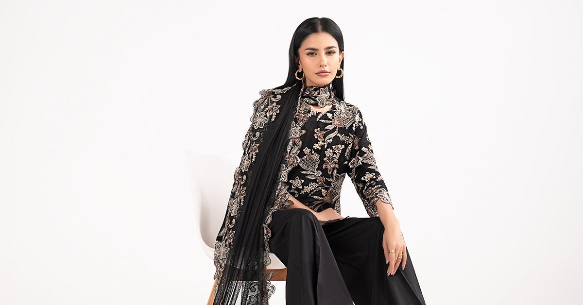 Maria B | RTW | 3 Piece Embroidered Dobby Lawn Suit-Brand:Maria B-Type:Luxury Pret-Black - House of Maryam- Buy in UK, USA