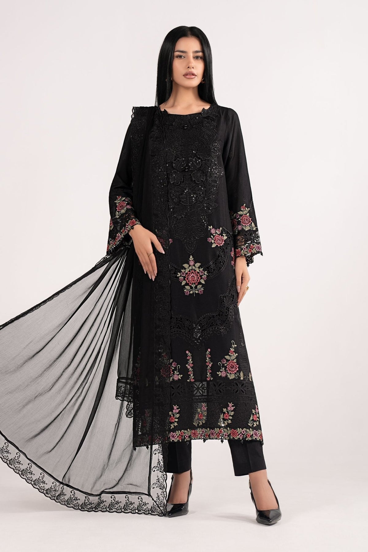 Maria B | RTW | 3 Piece Embroidered Dobby Lawn Suit-Brand:Maria B-Type:Luxury Pret-Black - House of Maryam- Buy in UK, USA