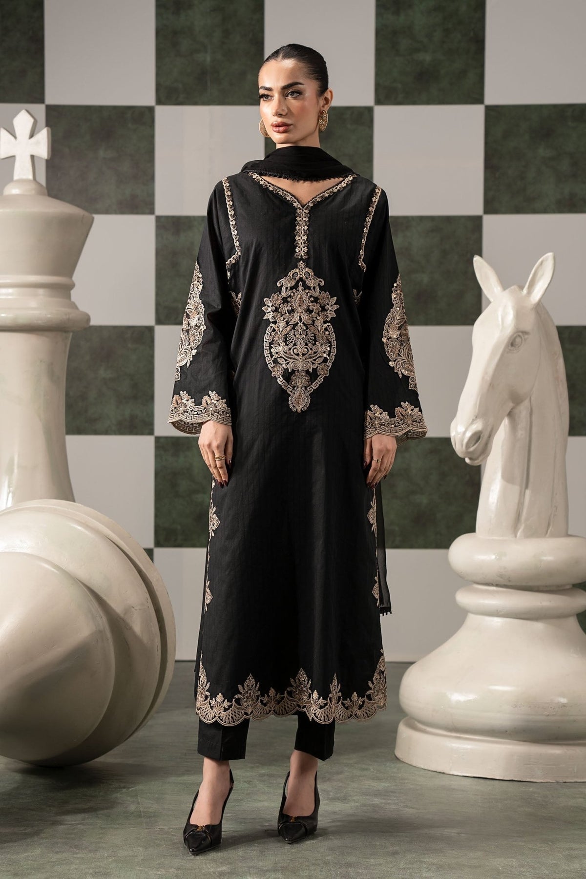 Maria B | RTW | 3 Piece Embroidered Dobby Lawn Suit-Brand:Maria B-Type:Luxury Pret-Black - House of Maryam- Buy in UK, USA