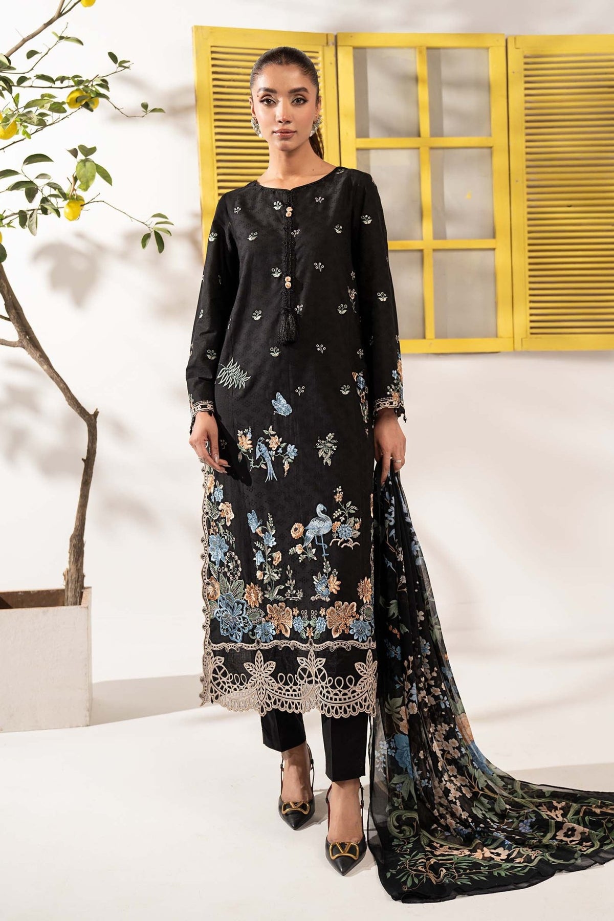 Maria B | RTW | 3 Piece Embroidered Dobby Lawn Suit-Brand:Maria B-Type:Luxury Pret-Black - House of Maryam- Buy in UK, USA