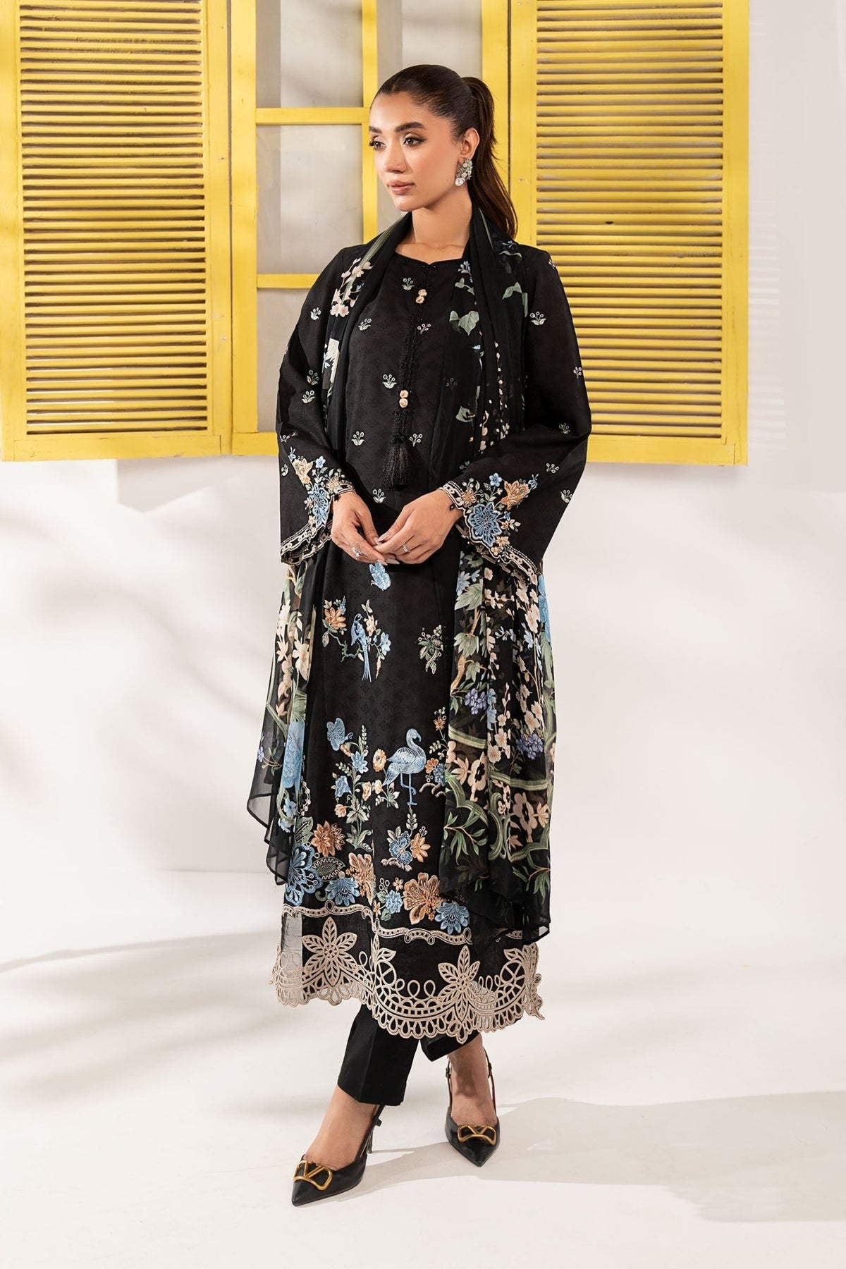 Maria B | RTW | 3 Piece Embroidered Dobby Lawn Suit-Brand:Maria B-Type:Luxury Pret-Black - House of Maryam- Buy in UK, USA