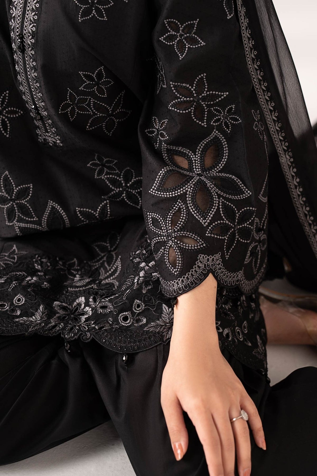 Maria B | RTW | 3 Piece Embroidered Dobby Lawn Suit-Brand:Maria B-Type:Luxury Pret-Black - House of Maryam- Buy in UK, USA