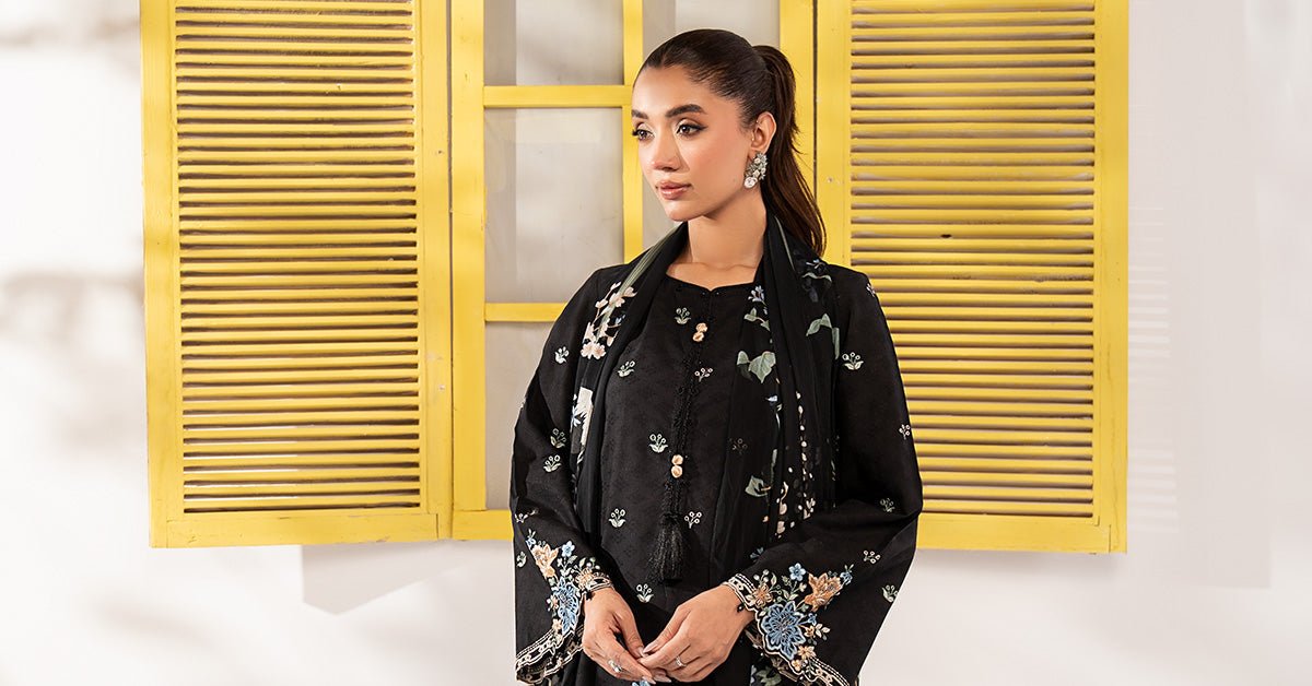 Maria B | RTW | 3 Piece Embroidered Dobby Lawn Suit-Brand:Maria B-Type:Luxury Pret-Black - House of Maryam- Buy in UK, USA