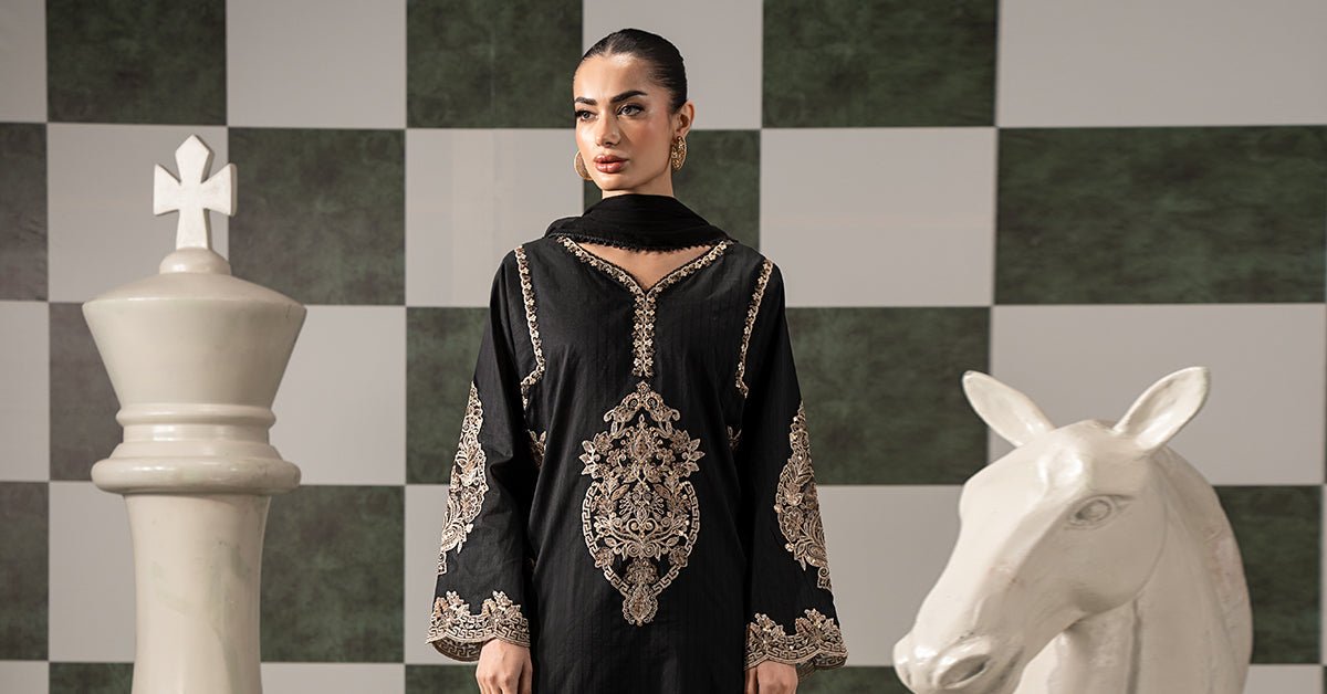 Maria B | RTW | 3 Piece Embroidered Dobby Lawn Suit-Brand:Maria B-Type:Luxury Pret-Black - House of Maryam- Buy in UK, USA
