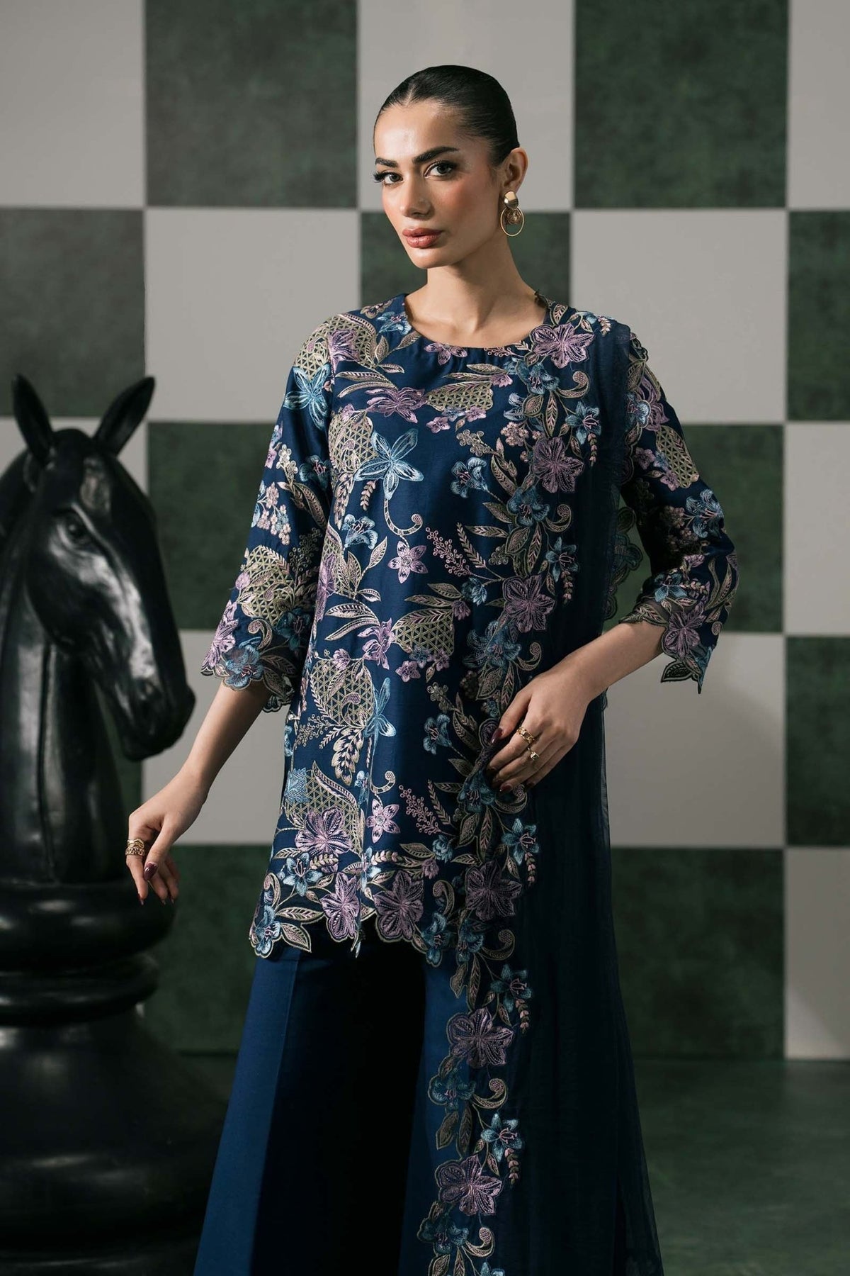 Maria B | RTW | 3 Piece Embroidered Dobby Lawn Suit-Brand:Maria B-Type:Luxury Pret-Blue - House of Maryam- Buy in UK, USA