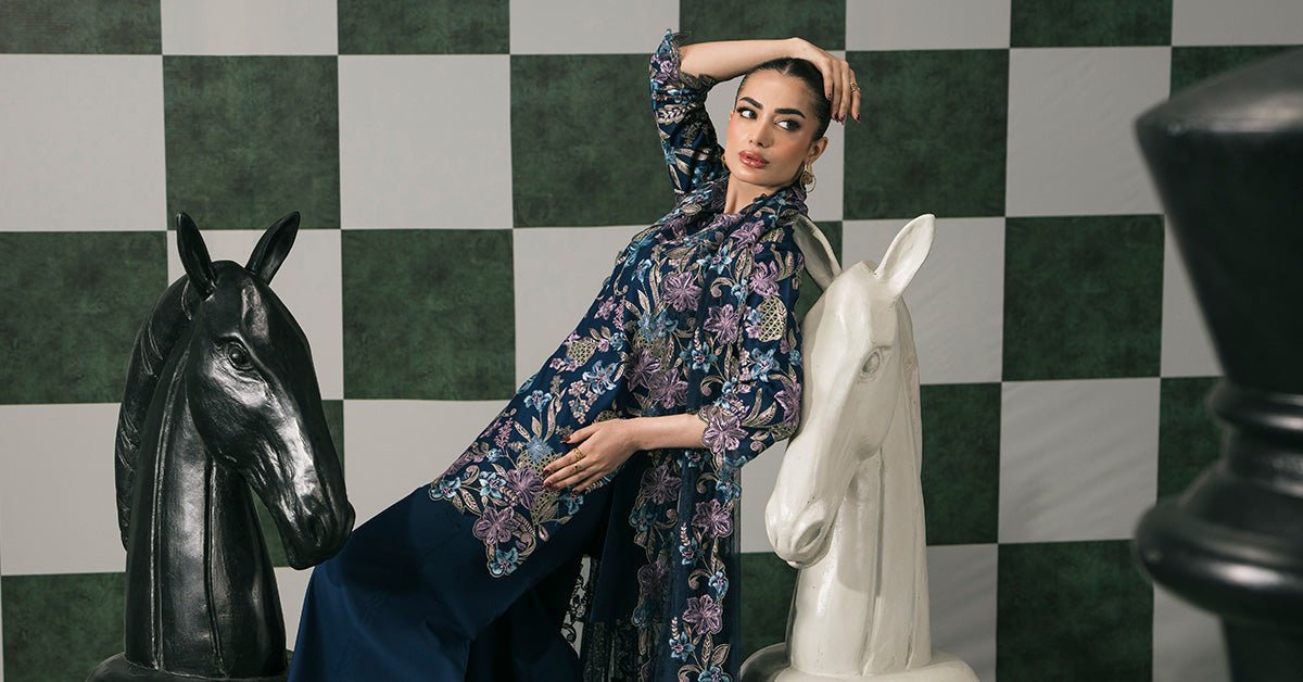 Maria B | RTW | 3 Piece Embroidered Dobby Lawn Suit-Brand:Maria B-Type:Luxury Pret-Blue - House of Maryam- Buy in UK, USA