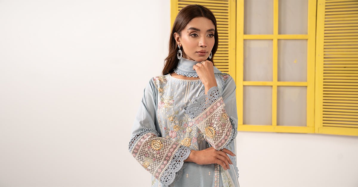 Maria B | RTW | 3 Piece Embroidered Dobby Lawn Suit-Brand:Maria B-Type:Luxury Pret-Blue - House of Maryam- Buy in UK, USA