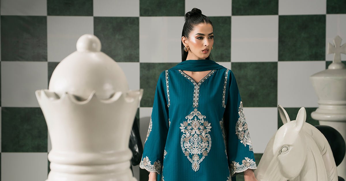 Maria B | RTW | 3 Piece Embroidered Dobby Lawn Suit-Brand:Maria B-Type:Luxury Pret-Blue - House of Maryam- Buy in UK, USA
