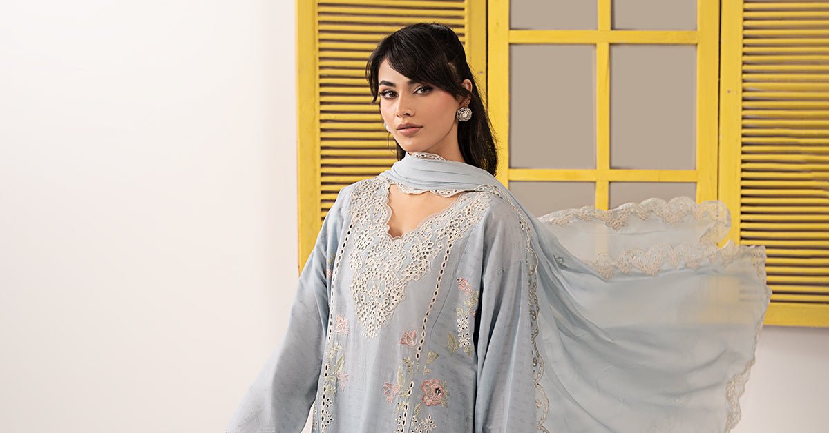 Maria B | RTW | 3 Piece Embroidered Dobby Lawn Suit-Brand:Maria B-Type:Luxury Pret-Blue - House of Maryam- Buy in UK, USA