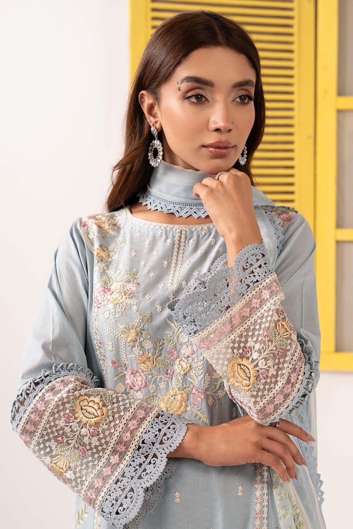 Maria B | RTW | 3 Piece Embroidered Dobby Lawn Suit-Brand:Maria B-Type:Luxury Pret-Blue - House of Maryam- Buy in UK, USA