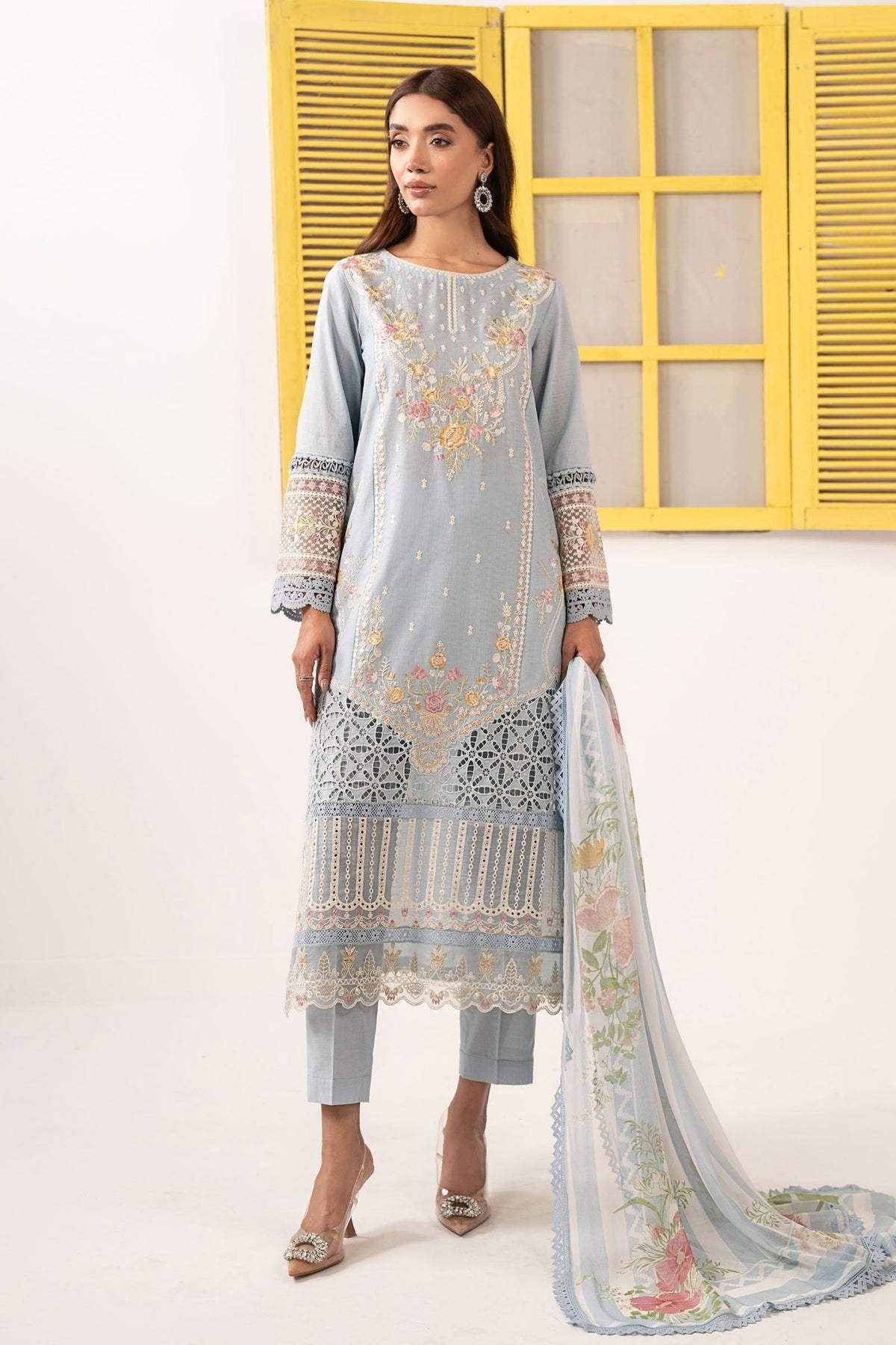 Maria B | RTW | 3 Piece Embroidered Dobby Lawn Suit-Brand:Maria B-Type:Luxury Pret-Blue - House of Maryam- Buy in UK, USA