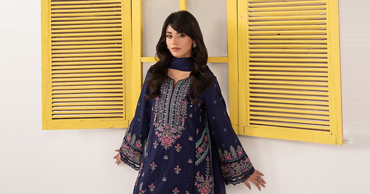 Maria B | RTW | 3 Piece Embroidered Dobby Lawn Suit-Brand:Maria B-Type:Luxury Pret-Blue - House of Maryam- Buy in UK, USA