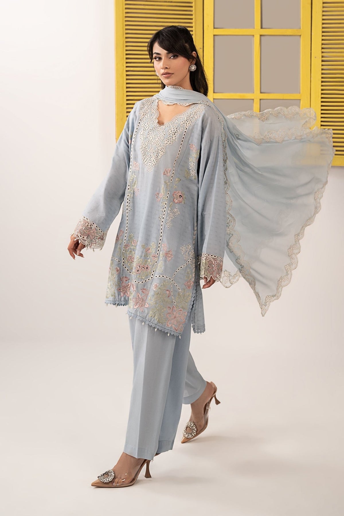 Maria B | RTW | 3 Piece Embroidered Dobby Lawn Suit-Brand:Maria B-Type:Luxury Pret-Blue - House of Maryam- Buy in UK, USA