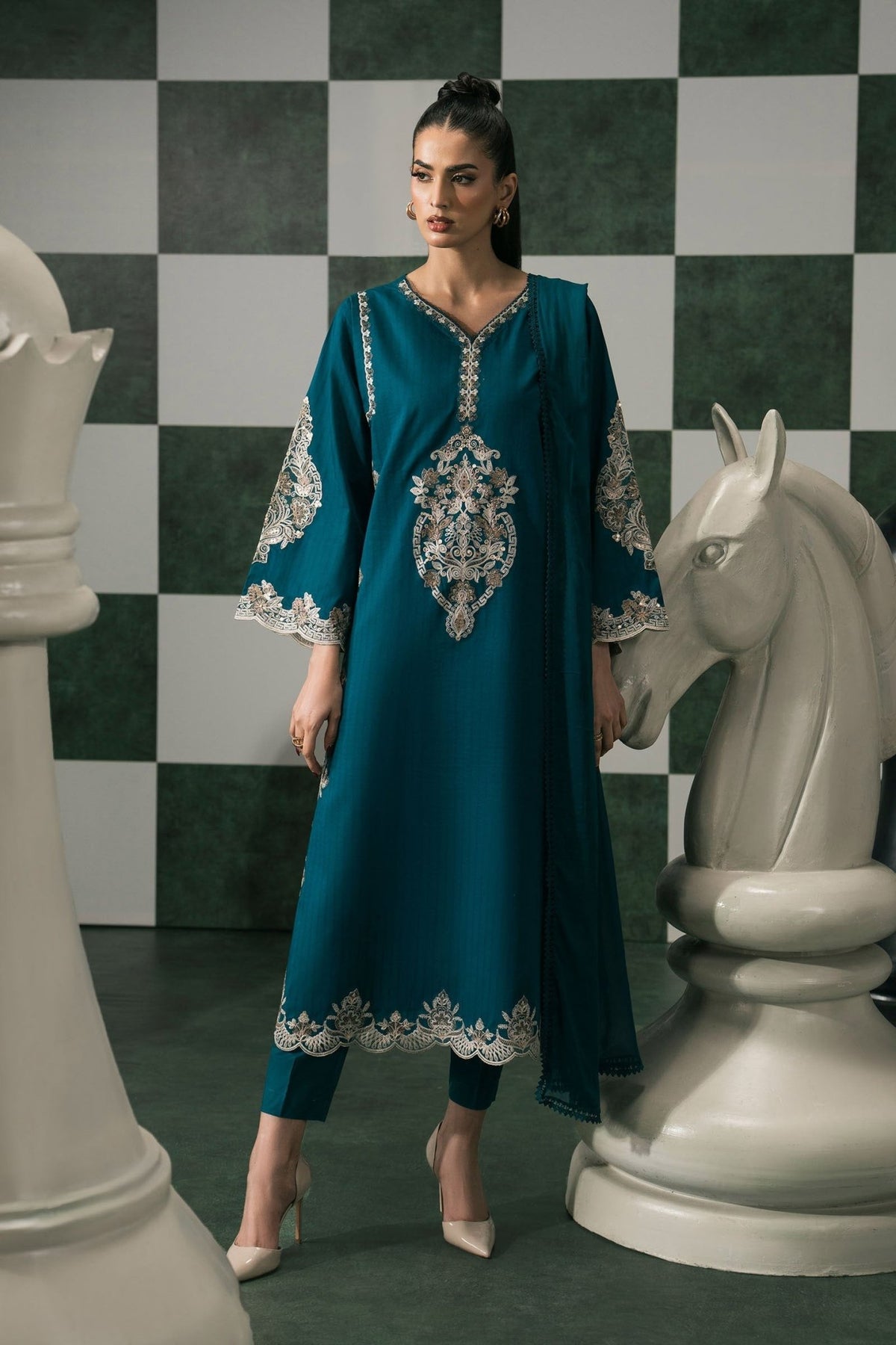 Maria B | RTW | 3 Piece Embroidered Dobby Lawn Suit-Brand:Maria B-Type:Luxury Pret-Blue - House of Maryam- Buy in UK, USA
