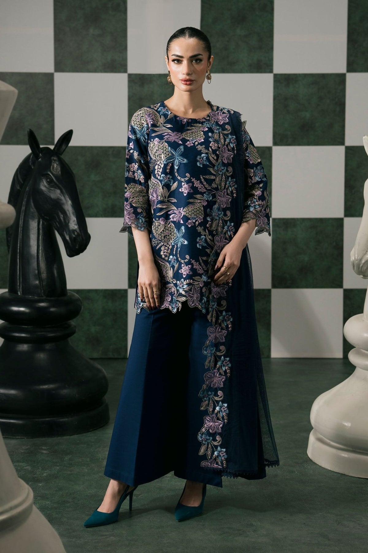 Maria B | RTW | 3 Piece Embroidered Dobby Lawn Suit-Brand:Maria B-Type:Luxury Pret-Blue - House of Maryam- Buy in UK, USA
