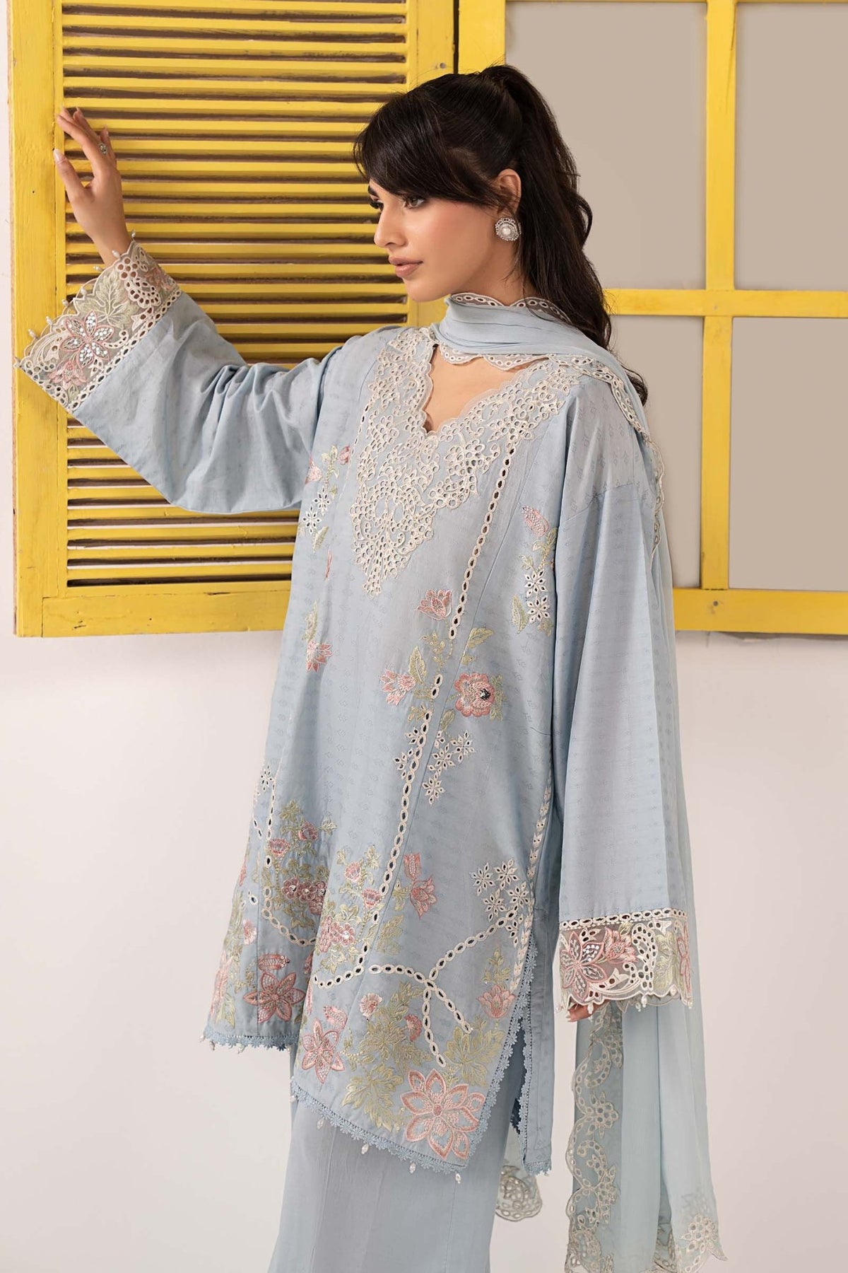 Maria B | RTW | 3 Piece Embroidered Dobby Lawn Suit-Brand:Maria B-Type:Luxury Pret-Blue - House of Maryam- Buy in UK, USA