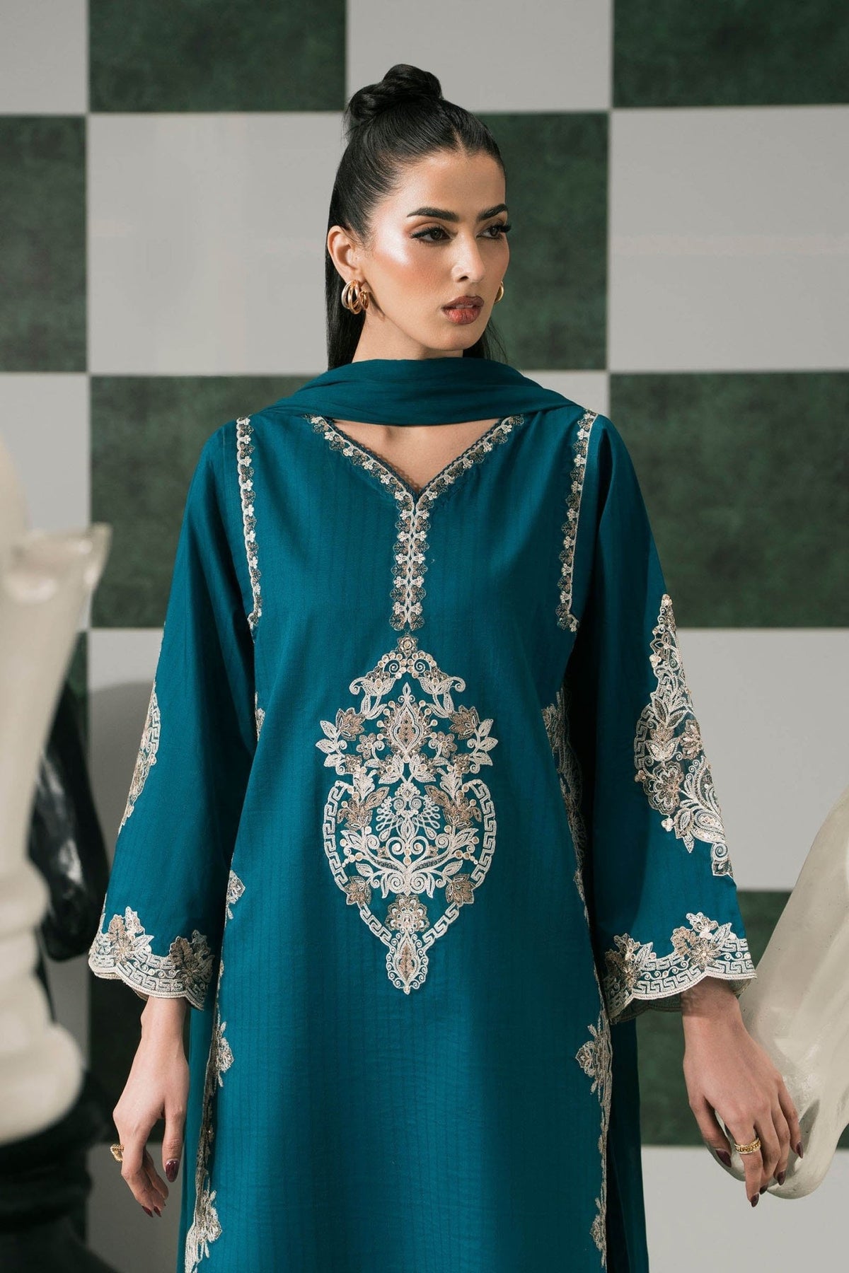 Maria B | RTW | 3 Piece Embroidered Dobby Lawn Suit-Brand:Maria B-Type:Luxury Pret-Blue - House of Maryam- Buy in UK, USA