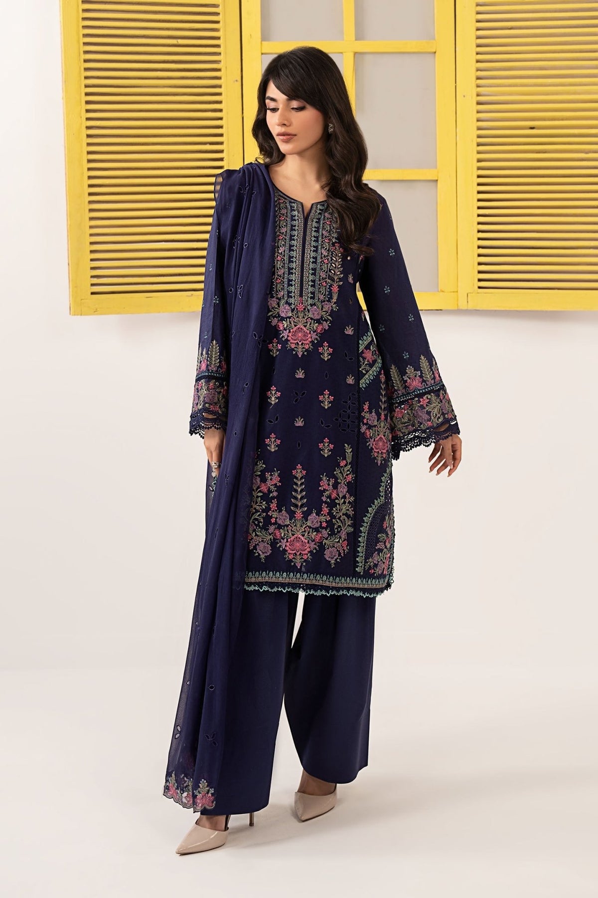 Maria B | RTW | 3 Piece Embroidered Dobby Lawn Suit-Brand:Maria B-Type:Luxury Pret-Blue - House of Maryam- Buy in UK, USA