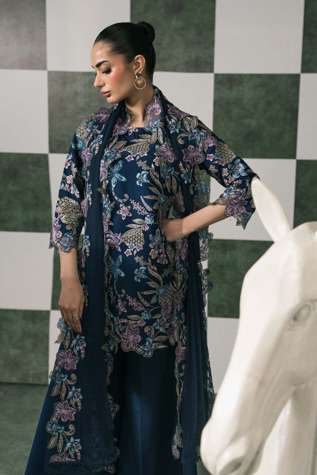Maria B | RTW | 3 Piece Embroidered Dobby Lawn Suit-Brand:Maria B-Type:Luxury Pret-Blue - House of Maryam- Buy in UK, USA
