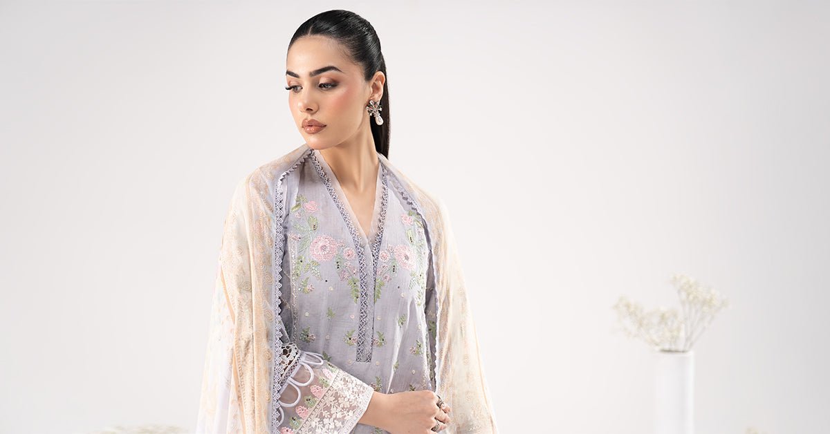Maria B | RTW | 3 Piece Embroidered Dobby Lawn Suit-Brand:Maria B-Type:Luxury Pret-Blue - House of Maryam- Buy in UK, USA