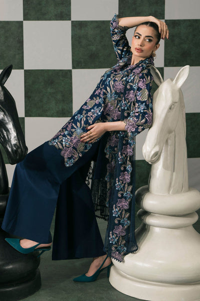 Maria B | RTW | 3 Piece Embroidered Dobby Lawn Suit-Brand:Maria B-Type:Luxury Pret-Blue - House of Maryam- Buy in UK, USA