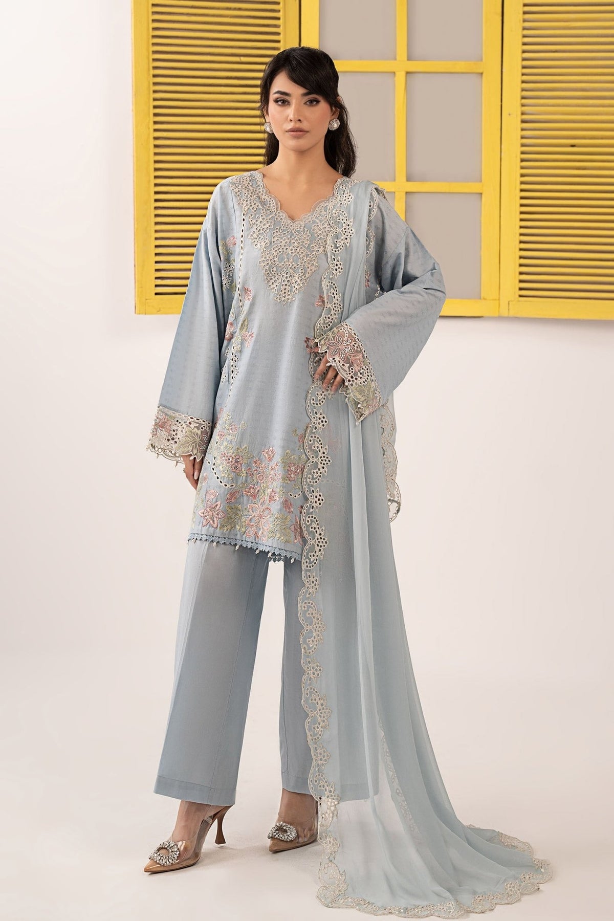 Maria B | RTW | 3 Piece Embroidered Dobby Lawn Suit-Brand:Maria B-Type:Luxury Pret-Blue - House of Maryam- Buy in UK, USA