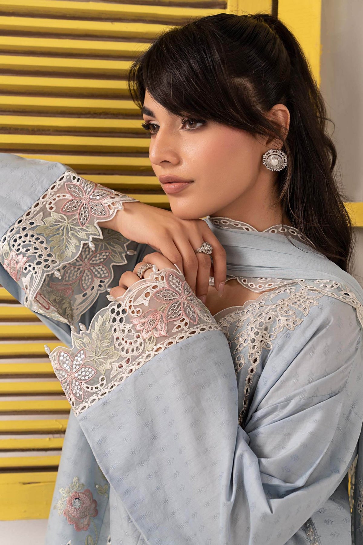 Maria B | RTW | 3 Piece Embroidered Dobby Lawn Suit-Brand:Maria B-Type:Luxury Pret-Blue - House of Maryam- Buy in UK, USA
