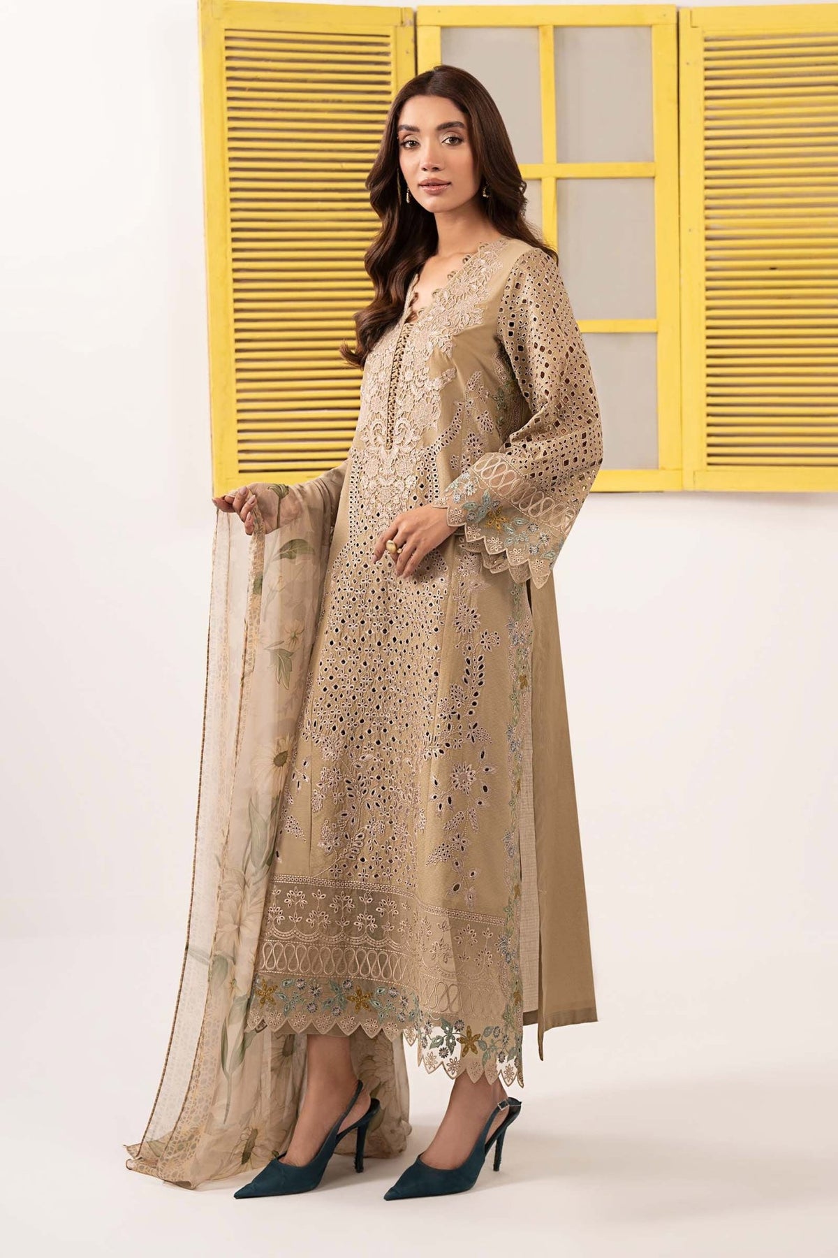 Maria B | RTW | 3 Piece Embroidered Dobby Lawn Suit-Brand:Maria B-Type:Luxury Pret-Brown - House of Maryam- Buy in UK, USA