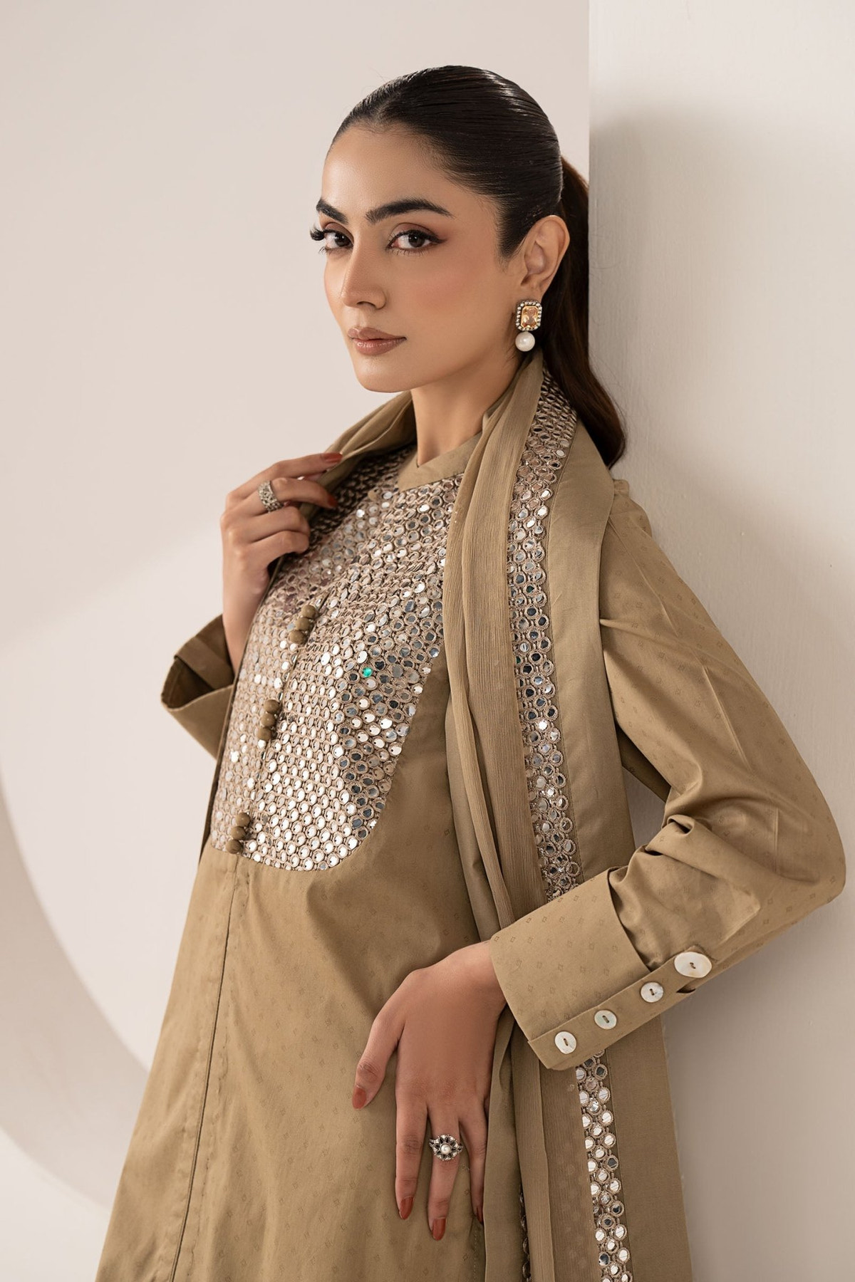 Maria B | RTW | 3 Piece Embroidered Dobby Lawn Suit-Brand:Maria B-Type:Luxury Pret-Brown - House of Maryam- Buy in UK, USA
