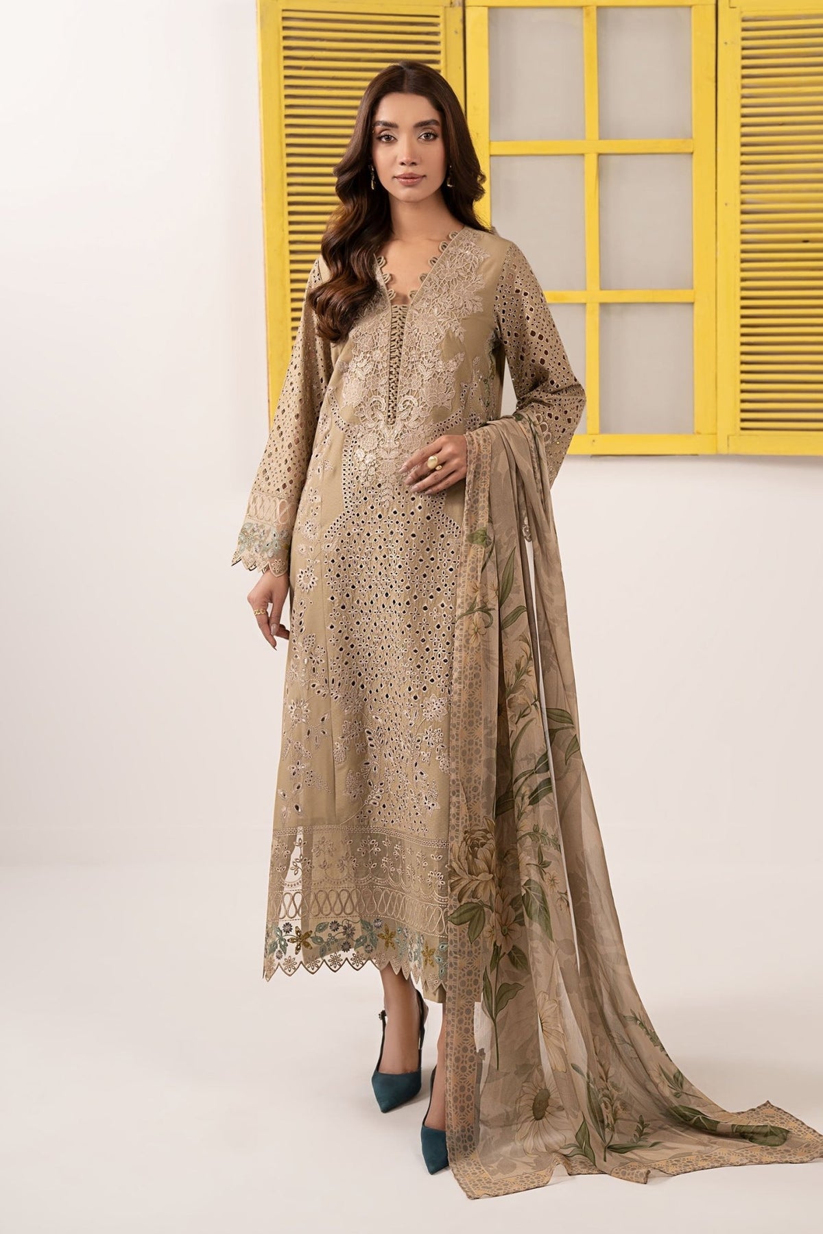 Maria B | RTW | 3 Piece Embroidered Dobby Lawn Suit-Brand:Maria B-Type:Luxury Pret-Brown - House of Maryam- Buy in UK, USA