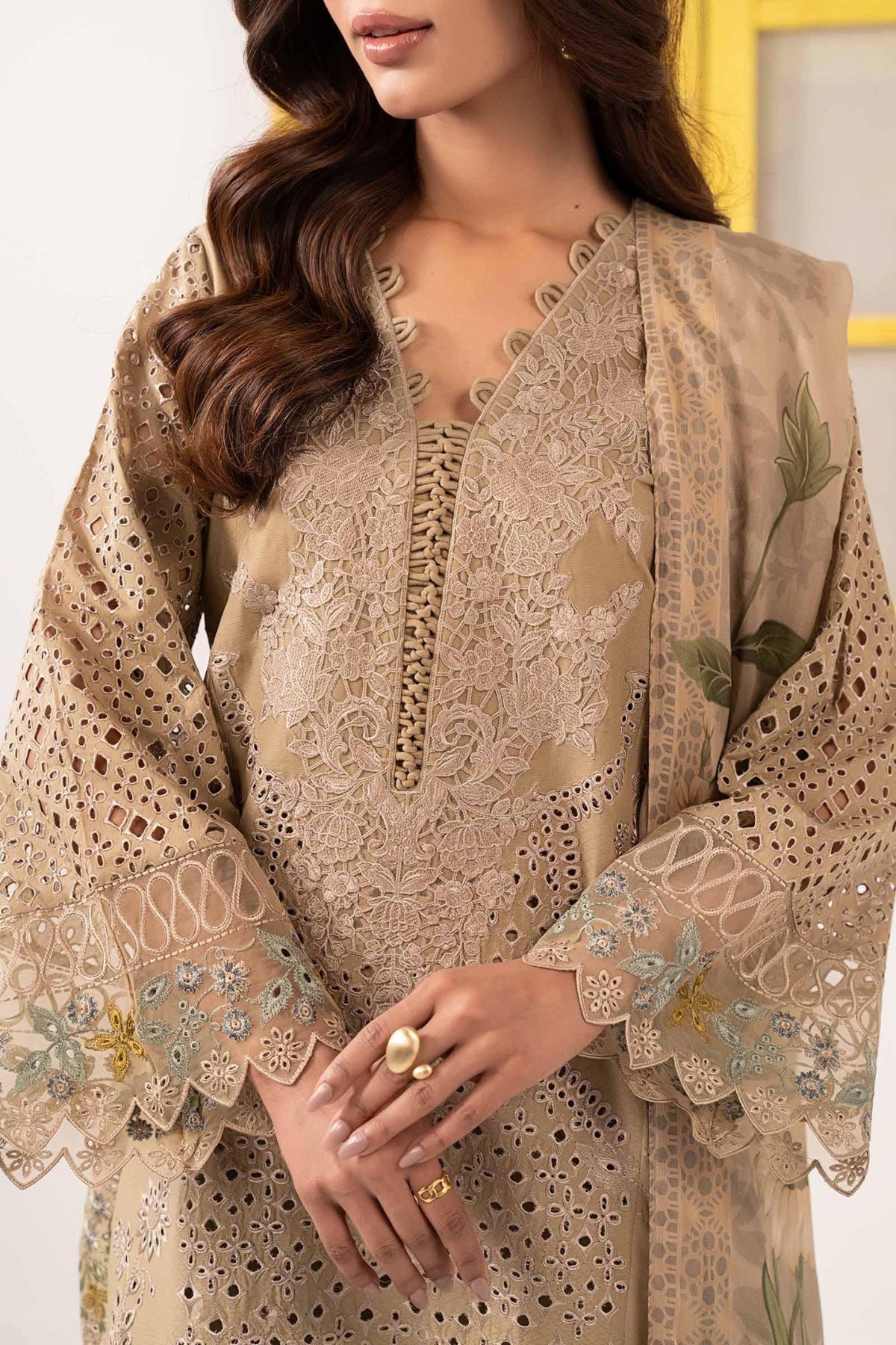 Maria B | RTW | 3 Piece Embroidered Dobby Lawn Suit-Brand:Maria B-Type:Luxury Pret-Brown - House of Maryam- Buy in UK, USA
