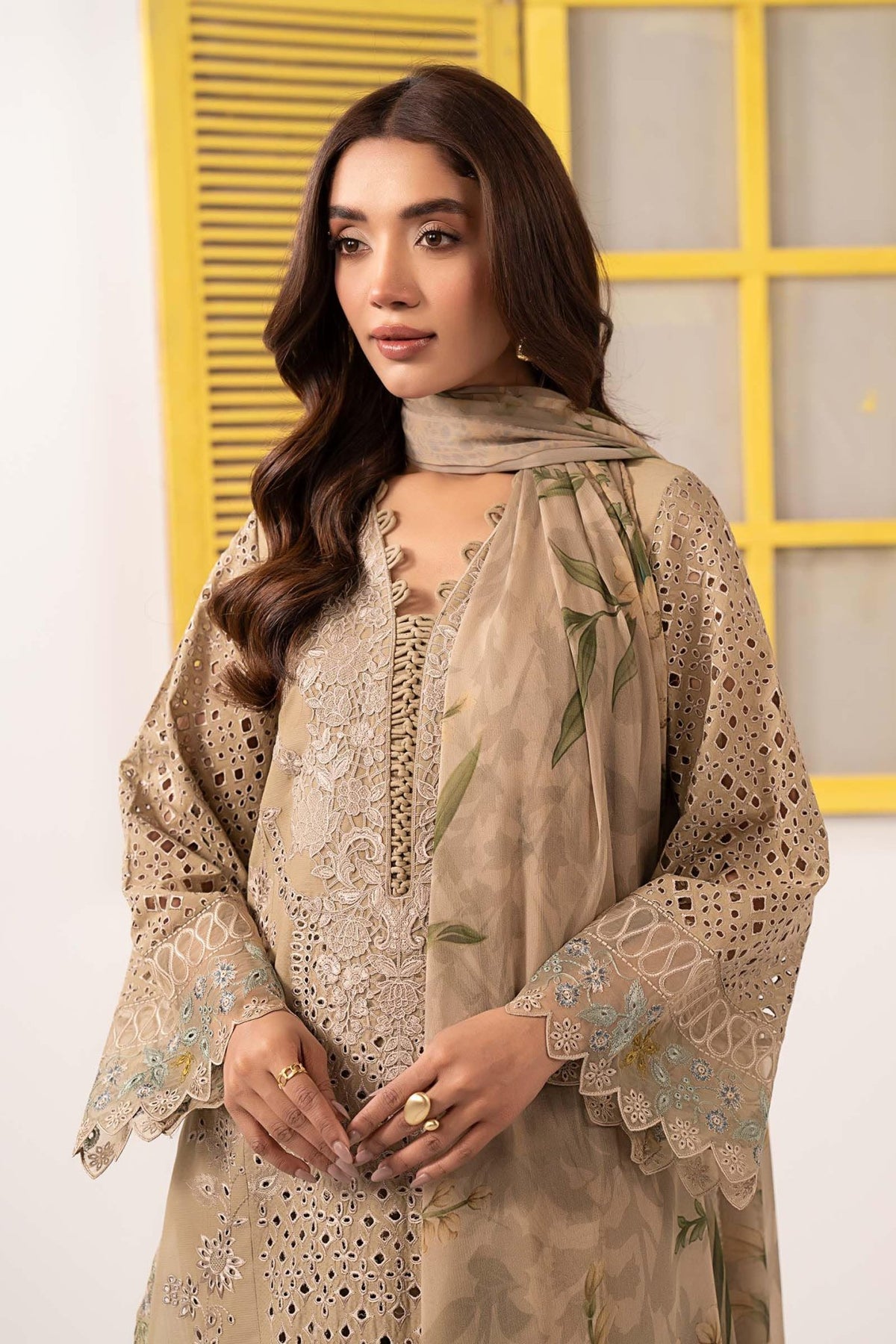 Maria B | RTW | 3 Piece Embroidered Dobby Lawn Suit-Brand:Maria B-Type:Luxury Pret-Brown - House of Maryam- Buy in UK, USA