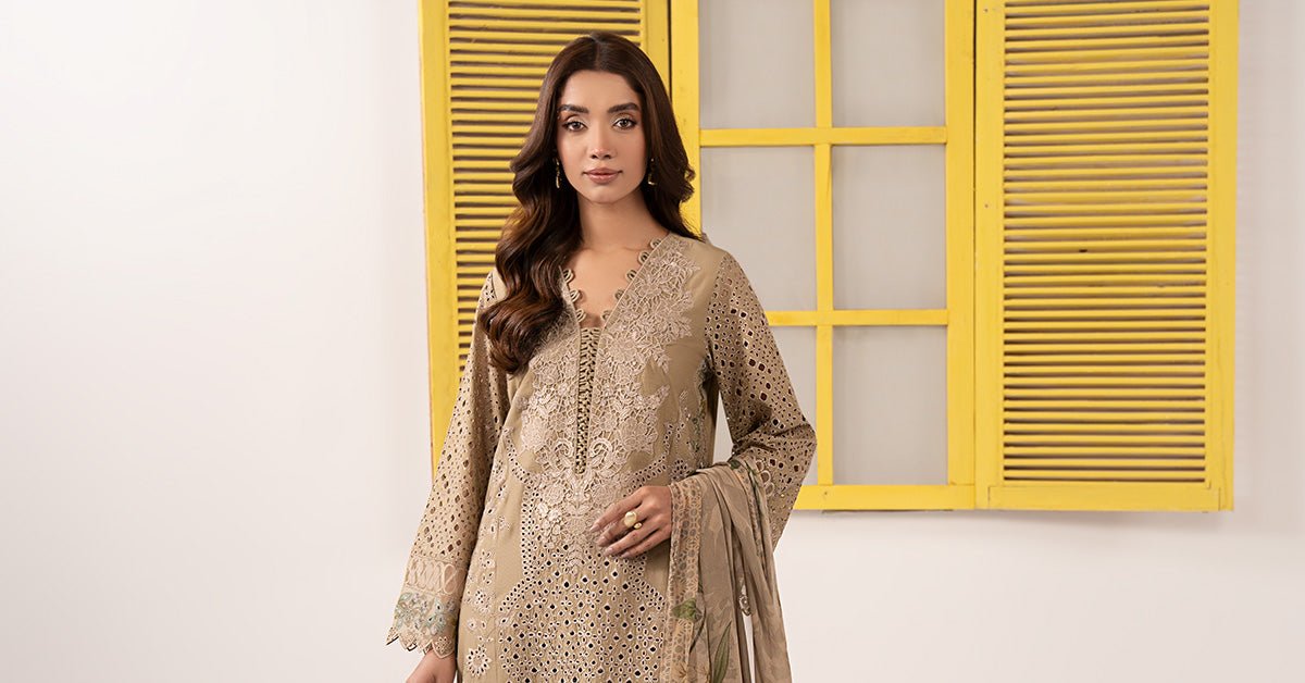Maria B | RTW | 3 Piece Embroidered Dobby Lawn Suit-Brand:Maria B-Type:Luxury Pret-Brown - House of Maryam- Buy in UK, USA