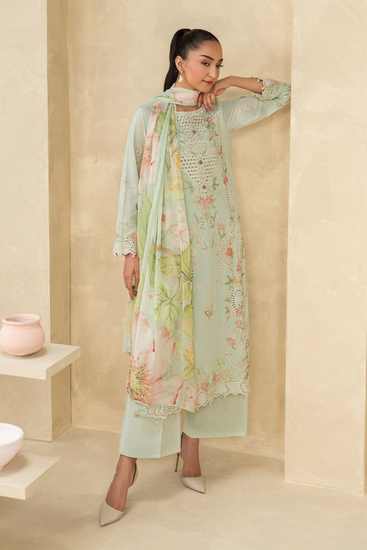 Maria B | RTW | 3 Piece Embroidered Dobby Lawn Suit-Brand:Maria B-Type:Luxury Pret-Ferozi - House of Maryam- Buy in UK, USA