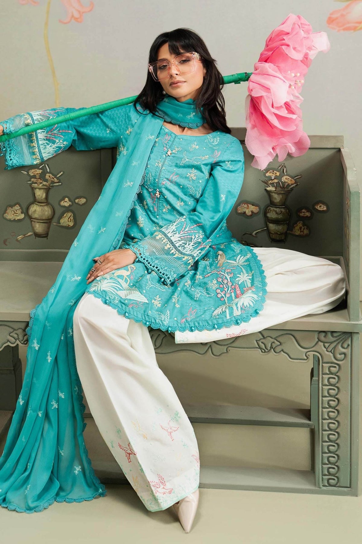 Maria B | RTW | 3 Piece Embroidered Dobby Lawn Suit-Brand:Maria B-Type:Luxury Pret-Ferozi - House of Maryam- Buy in UK, USA