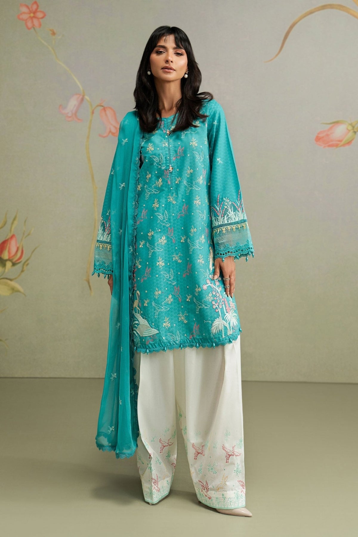 Maria B | RTW | 3 Piece Embroidered Dobby Lawn Suit-Brand:Maria B-Type:Luxury Pret-Ferozi - House of Maryam- Buy in UK, USA