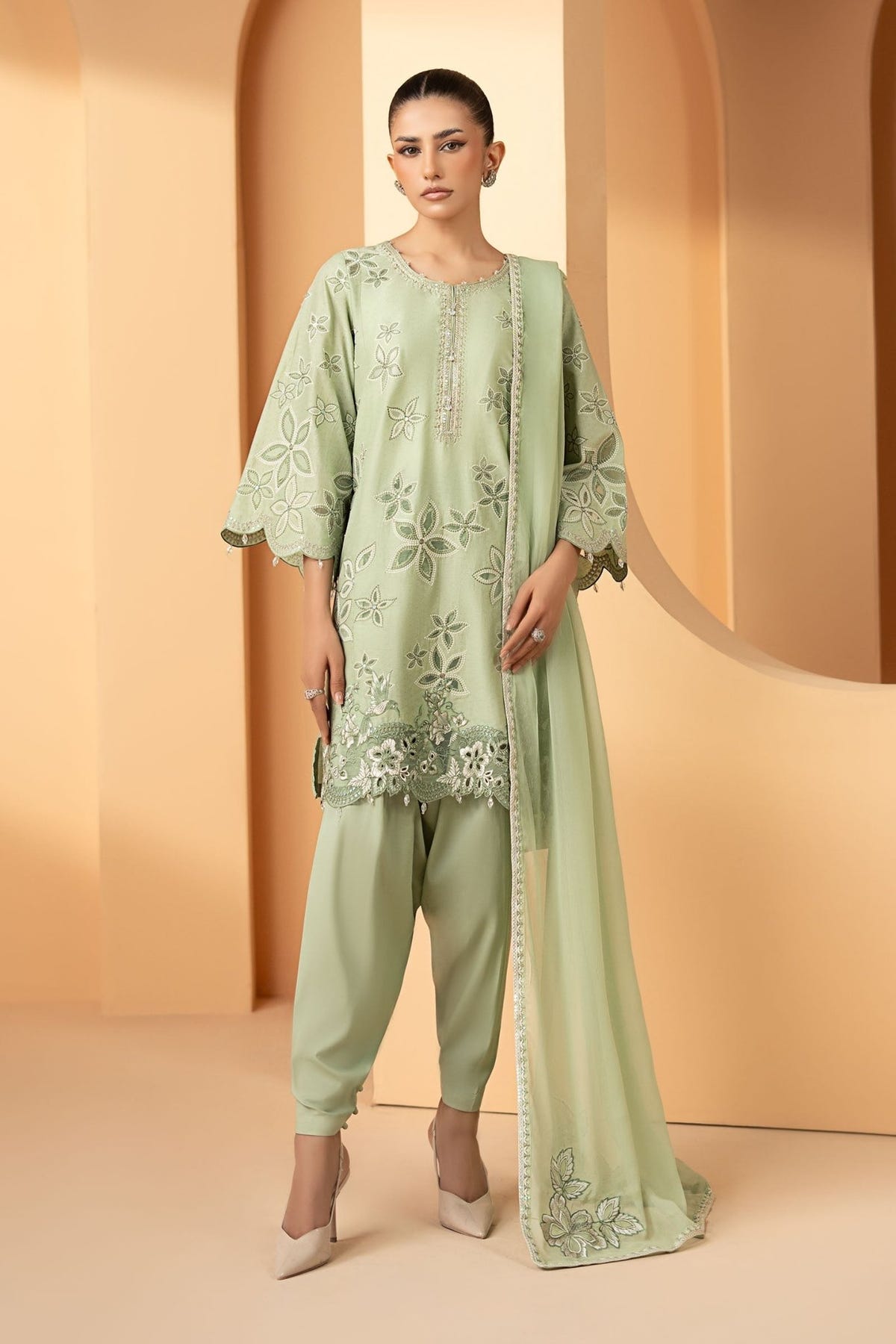 Maria B | RTW | 3 Piece Embroidered Dobby Lawn Suit-Brand:Maria B-Type:Luxury Pret-Green - House of Maryam- Buy in UK, USA