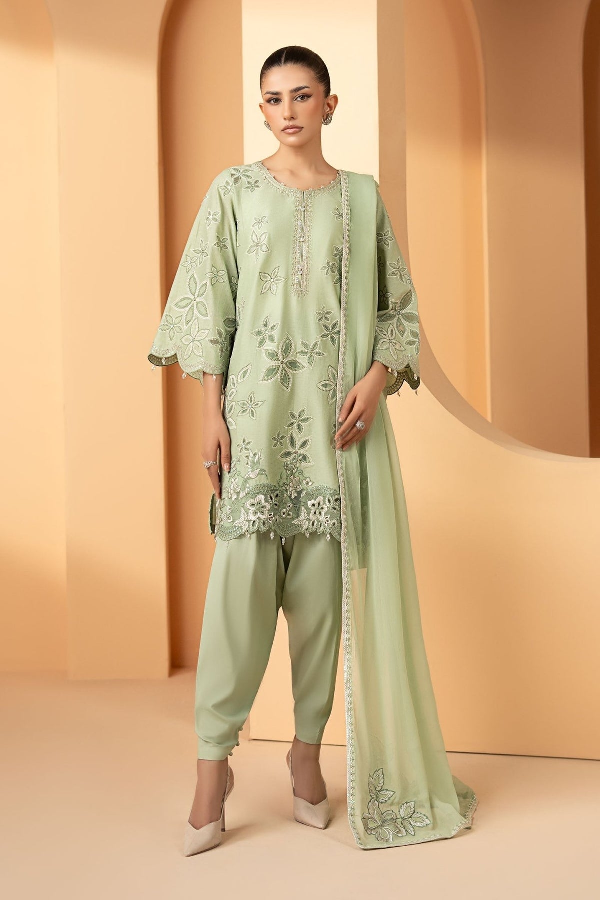 Maria B | RTW | 3 Piece Embroidered Dobby Lawn Suit-Brand:Maria B-Type:Luxury Pret-Green - House of Maryam- Buy in UK, USA