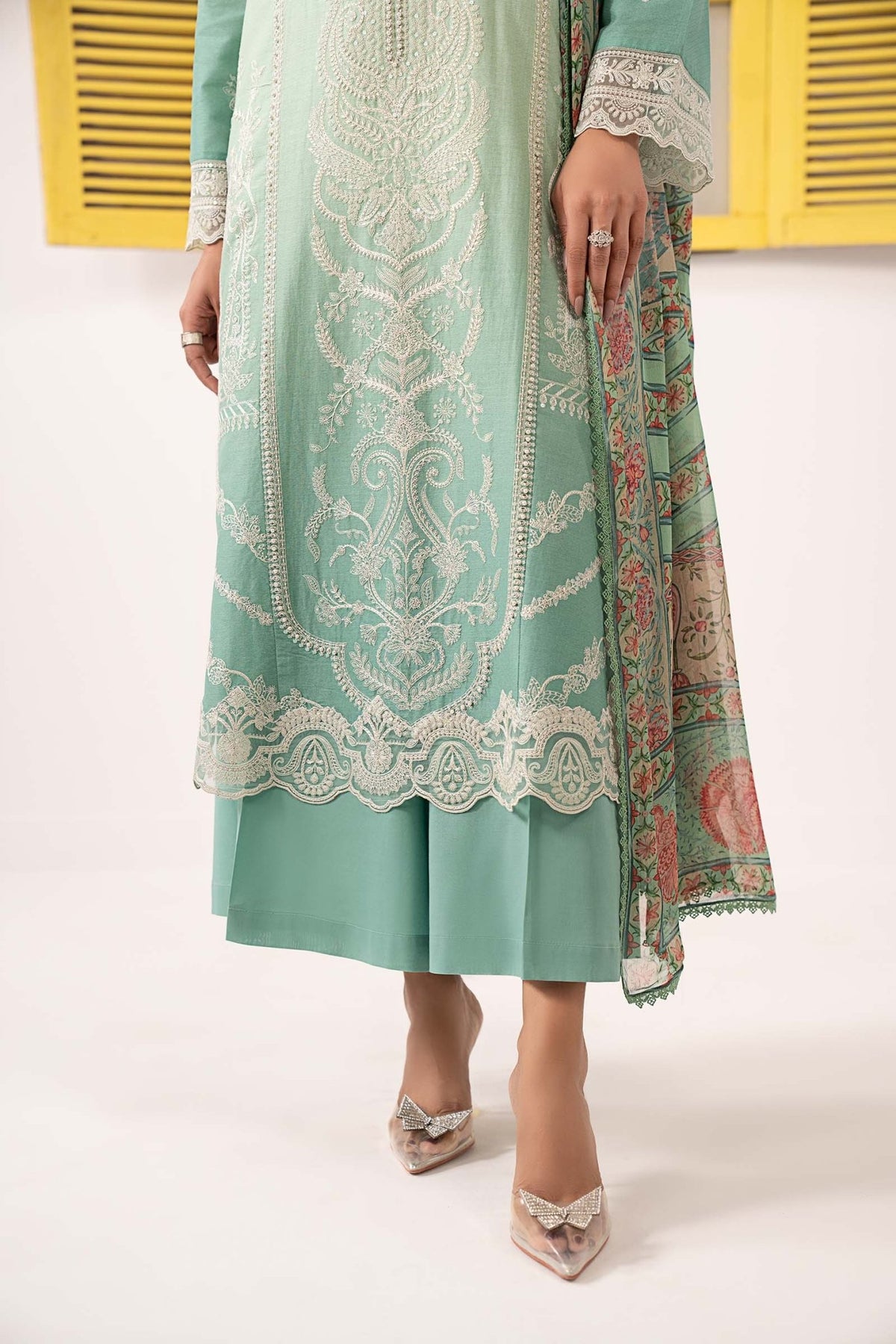 Maria B | RTW | 3 Piece Embroidered Dobby Lawn Suit-Brand:Maria B-Type:Luxury Pret-Green - House of Maryam- Buy in UK, USA