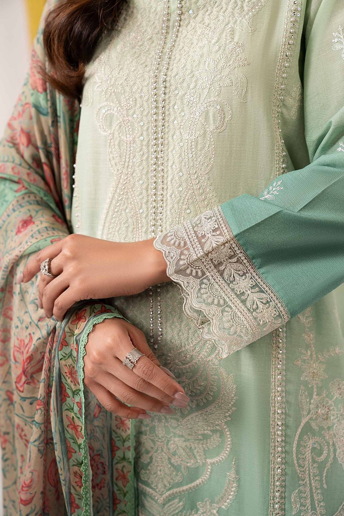 Maria B | RTW | 3 Piece Embroidered Dobby Lawn Suit-Brand:Maria B-Type:Luxury Pret-Green - House of Maryam- Buy in UK, USA